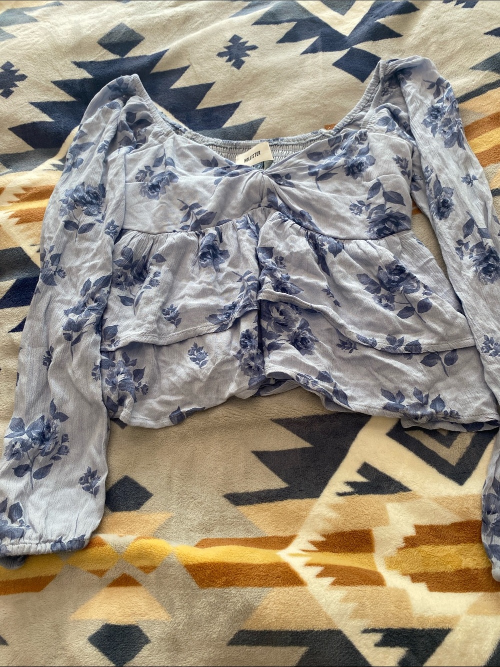 Hollister Light Blue Floral Tiered Long-Sleeve Blouse NWOT